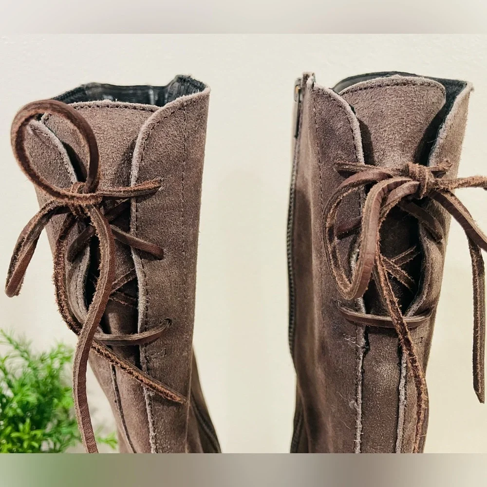 Born “Felicia” Taupe Knee-High Suede Boots Distressed w Tie Back | Like New